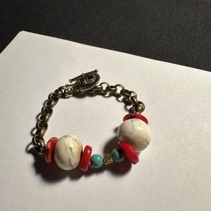 Beaded Chain Bracelet 7 4/8 Inch Red Beige Blue Bronze Gold Tone